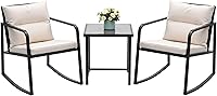Devoko Beige 3-Piece Rocking Bistro Set: Wicker Patio Chairs & Tempered Glass Coffee Table - All-Weather Outdoor Furniture