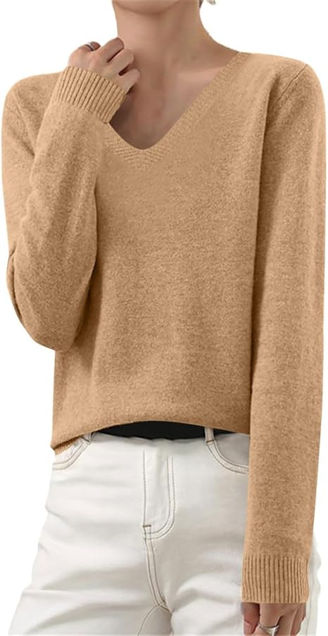 OIOLOYJM Fall Cashmere Sweaters for Women 2025 V Neck Long Sleeve Tops Lightweight Knitted Pullovers Merino Wool Sweater