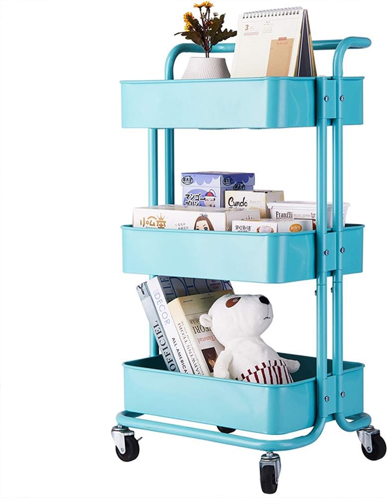 Knocbel 3-Tier Metal Rolling Utility Cart Storage Trolley with Handle & 4 Swivel Caster Wheels (Turquoise)
