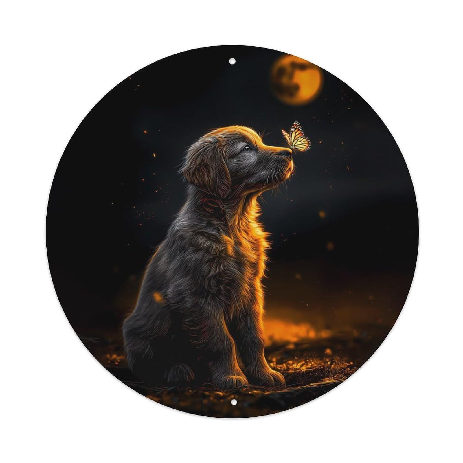 Animal Golden Retriever Puppy with Butterfly Glowing Night Moon Vintage Metal Tin Sign Plaque Wall Decor for Cafe, Club Bar, Office, Garden Metal Poster 8x8Inch