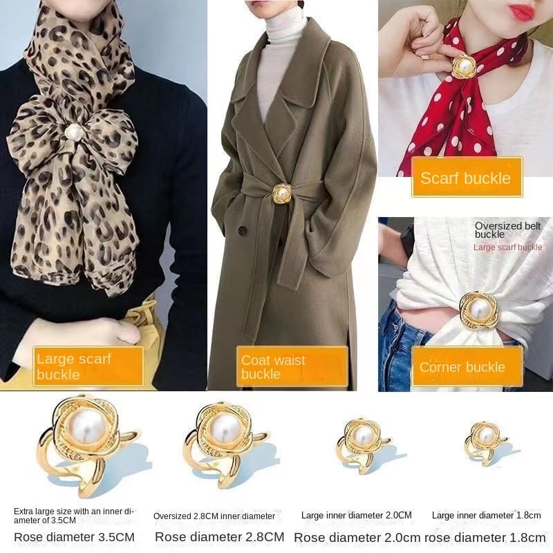 Women's Elegant Pearl Floral Scarf Ring Clip, Metal Hollow Out X Shape Camellia Flower Scarf Buckle3