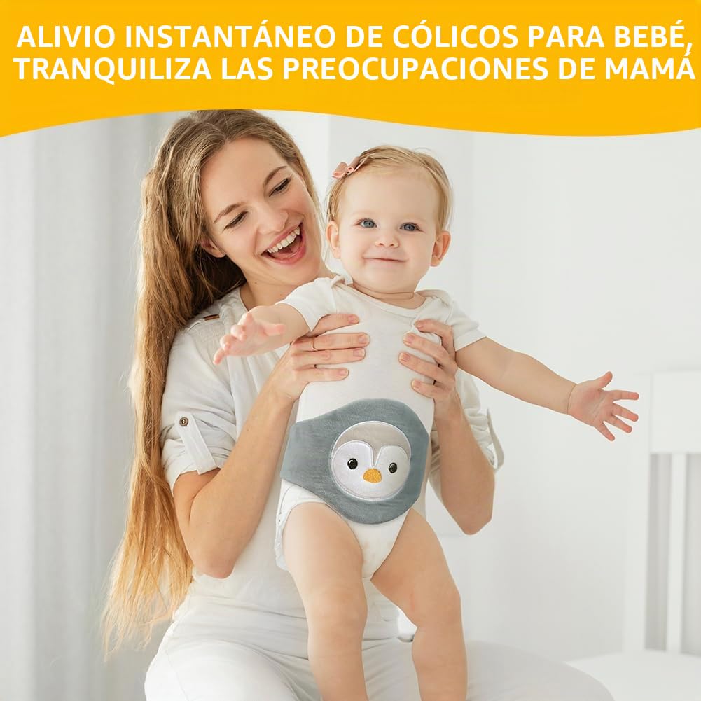 Vicloon Cinturón Calentador para Bebé, Cinturón Anticólico para Bebé, Partículas de Arcilla, Micro Ondulado, Lavable, Cojín Térmico Ajustable para Bebés para Dolor Abdominal y Flatulencia(Pingüino)