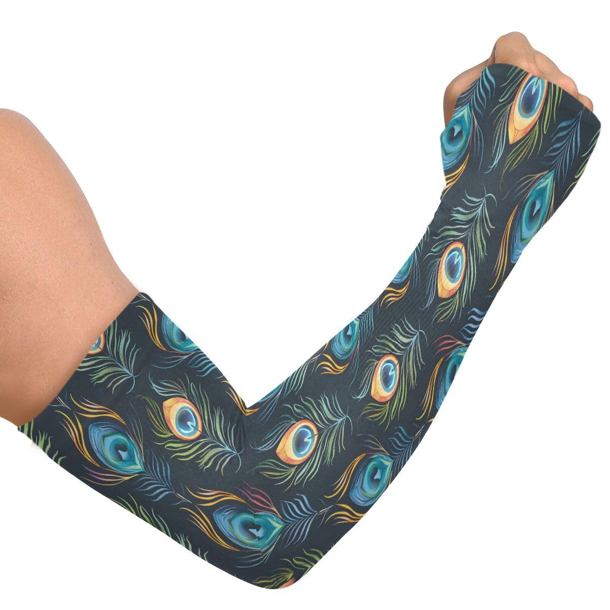 ALAZA Abstract Peacock Feather Blue Gardening Sleeves Cooling Arm Sleeves Sun Protection Thumb Hole Arm Covers for Women Men