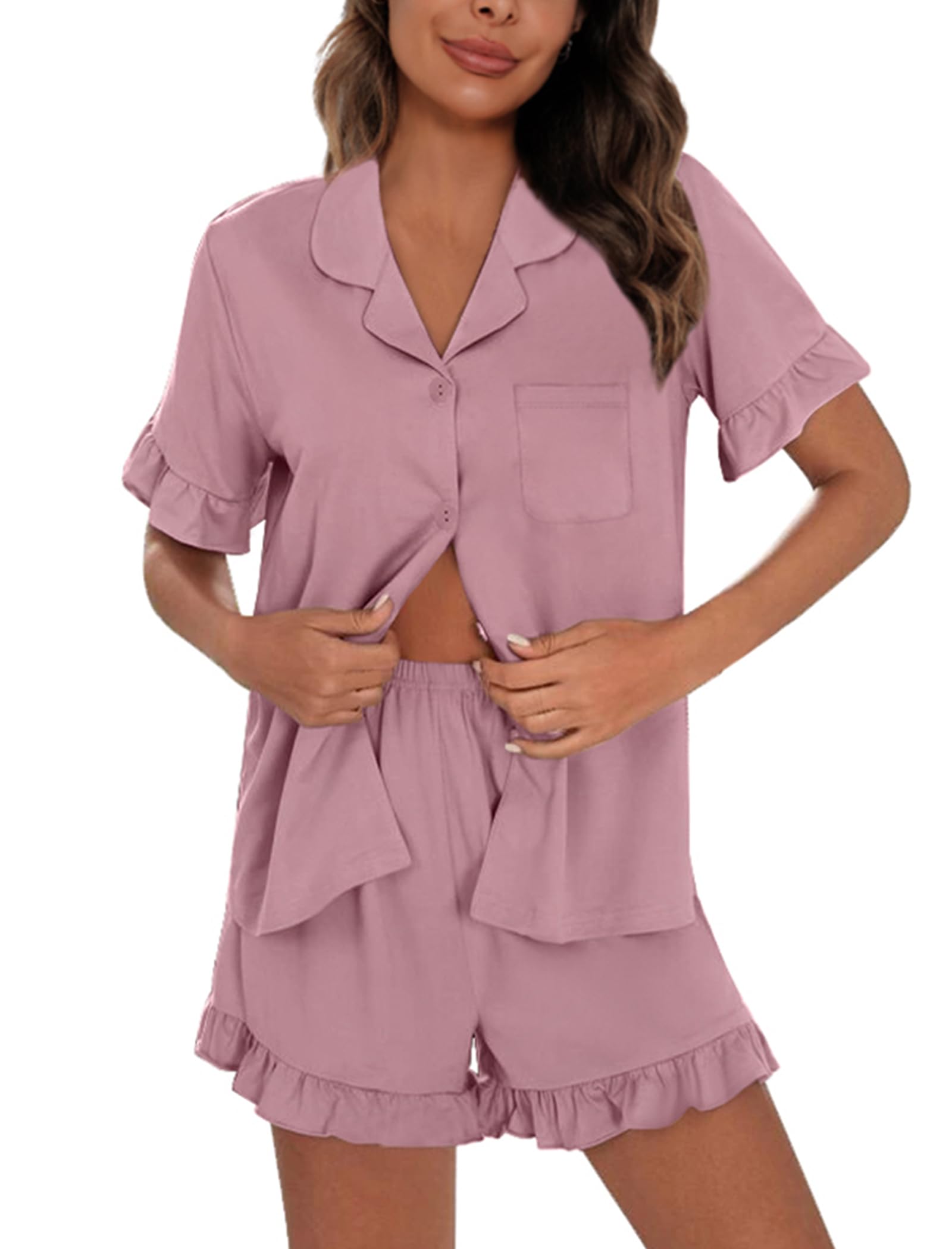 SWOMOG Woman Pajama Set Short Sleeve Pjs Set 2Pcs Short Pajamas Button Down Ruffle Hem Sleepwear Soft Modal Loungewear