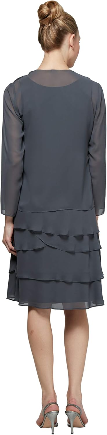 S.L. Fashions Women's Petite Mother of The Bride Jacket Dress with Sequined Cut Out Shoulder, Steel, 12