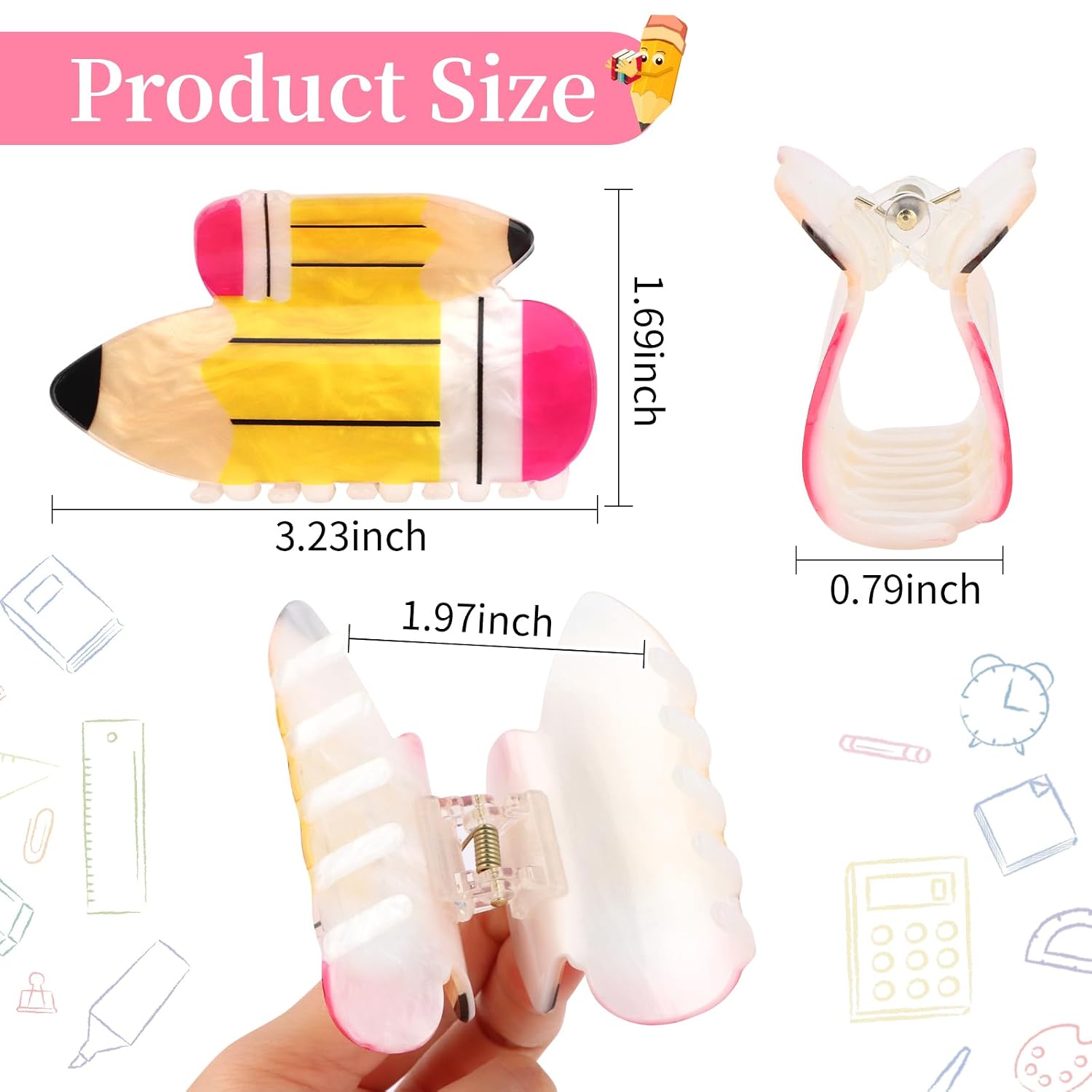 Jaciya Pencil Hair Claw Clips Teacher Hair Clips for Women Cute Teacher Hair Accessories Yellow and Gold with Pink Accent