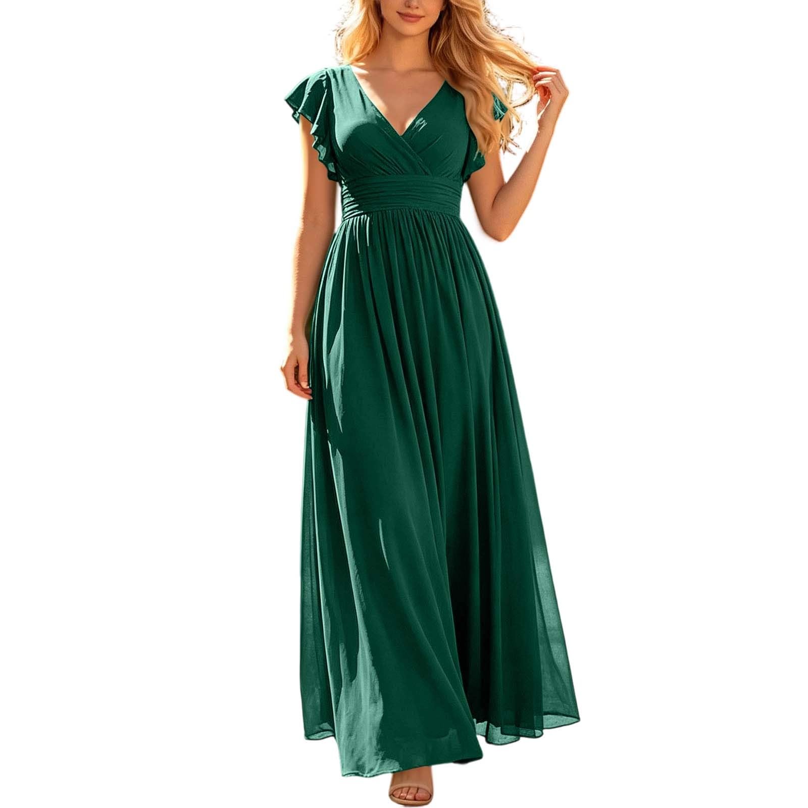 Vestido de invitado profundo con cuello en V mangas con volantes Falda de Trapecio Sexy Noche Elegante Oficina Cómodo Curvy Vestido Sexymujer Hard Vestidos de Dama de Honor para Bodas Cóctel