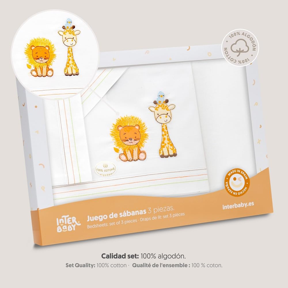 Interbaby - Parure de lit pour Berceau 50 x 80 cm, 100% Coton, avec Drap-Housse, Drap Plat et taie d'oreiller, idéale pour Printemps, été, Lion Girafe Oiseau Blanc