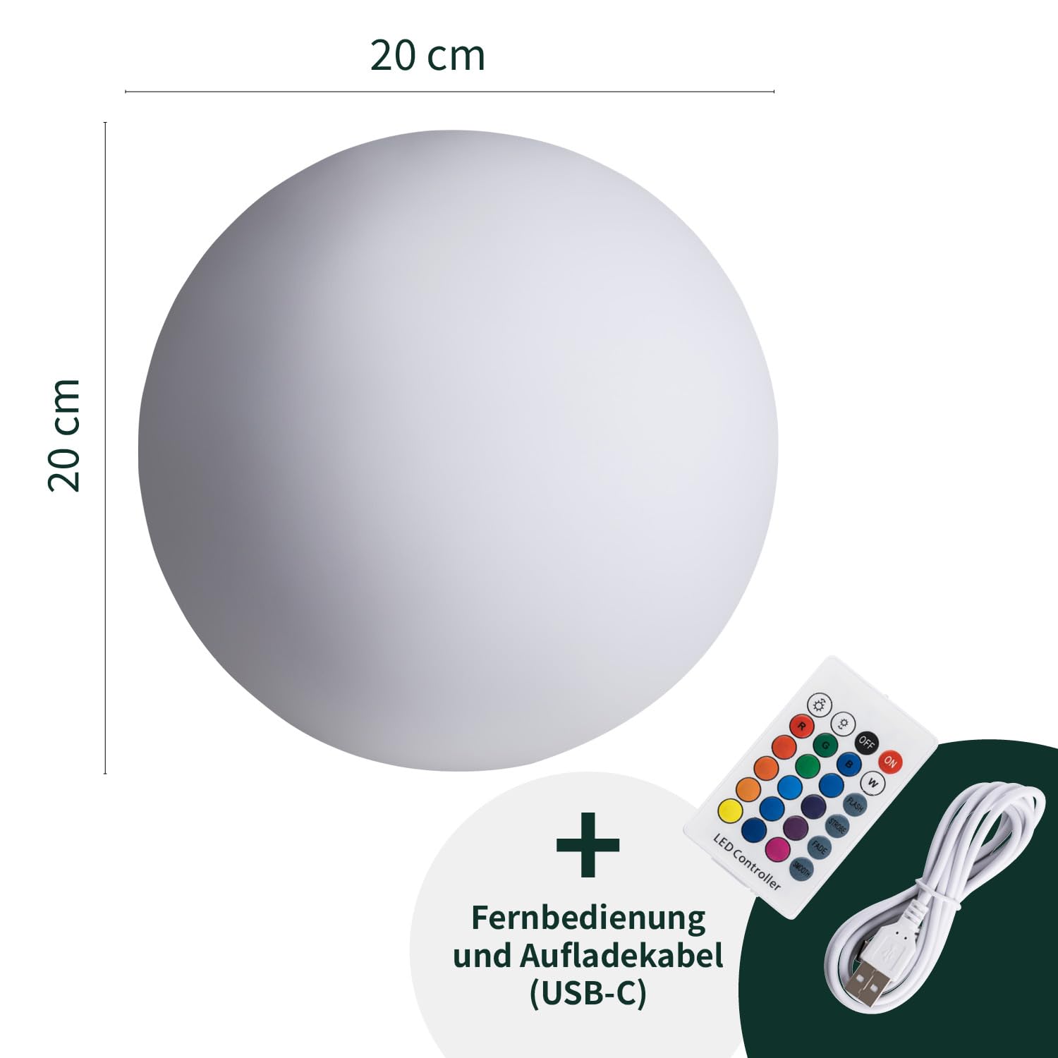 VERDOBA Kugelleuchte Mit Akku - Wasserfeste LED-Leuchtkugel Mit Farbwechsel und USB-C Anschluss - Dimmbare Kugel für Außen & Innen - 30 cm Große Lampe Mit Schutzklasse IP67