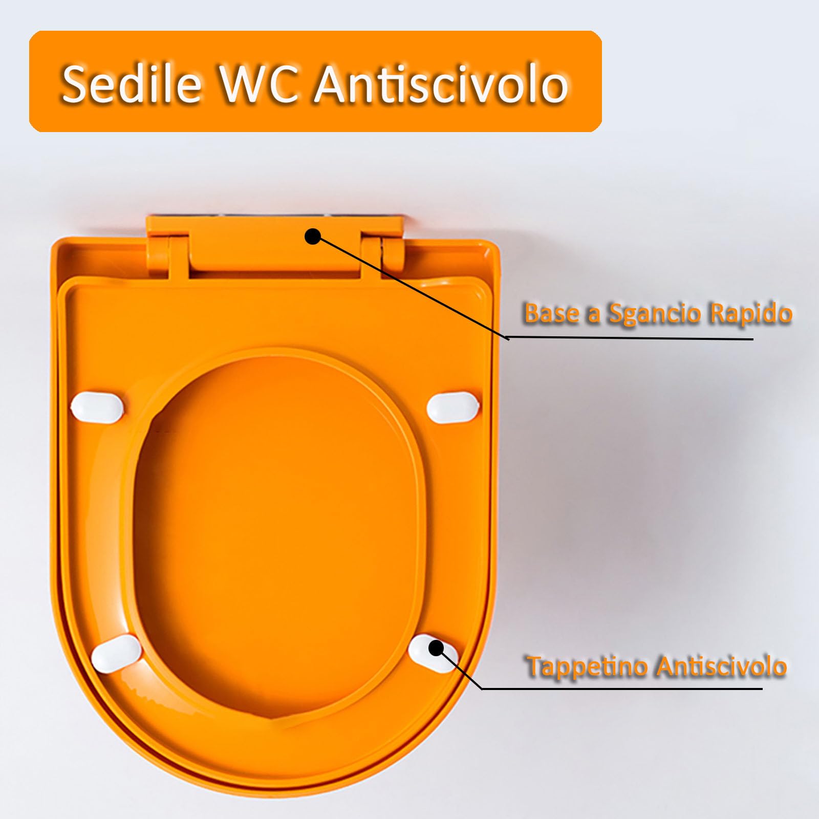 Sedile WC con Chiusura Ammortizzata, Coperchio WC Arancione, Copriwater Universali con Sgancio Rapido per Facile da Montare e Pulire, Tavoletta WC Forma di D/U in PP, 44.5x36cm
