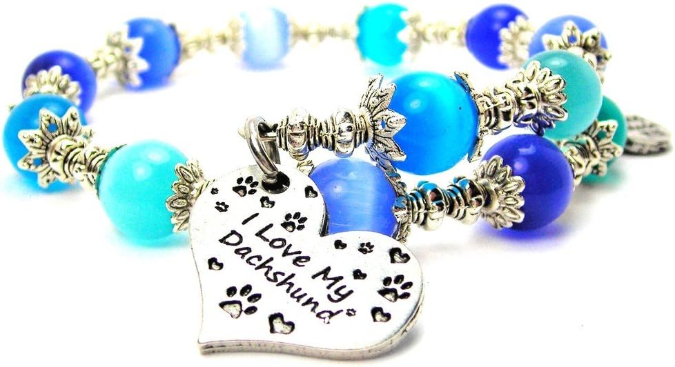 ChubbyChicoCharms I Love My Dachshund Heart Cat's Eye Wrap Charm Bracelet in Sapphire Blue and Aqua Blue