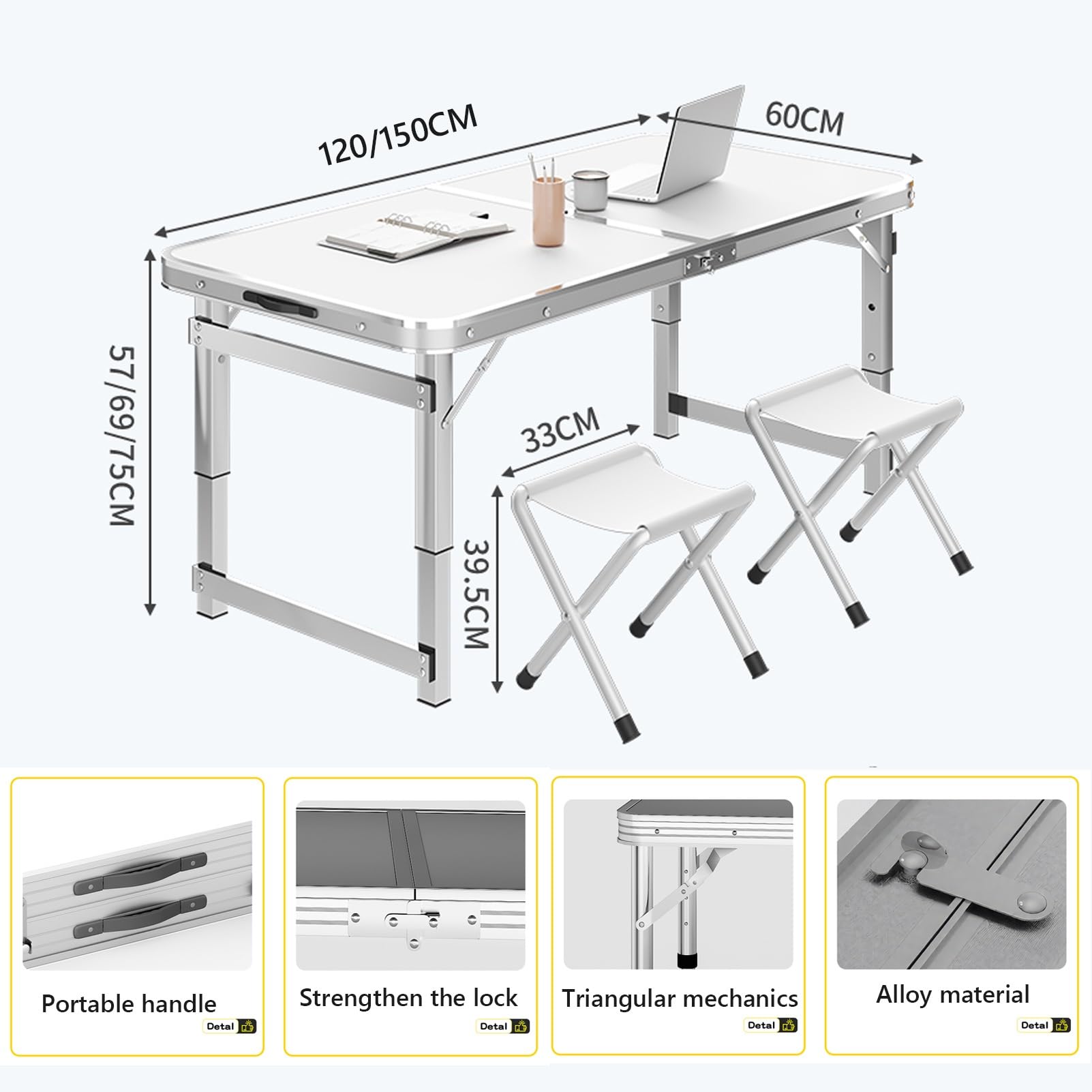 Tavolo da campeggio pieghevole portatile con 4 sgabelli regolabile in altezza tavolo da pranzo 150 kg capacità per viaggi, barbecue all'aperto, picnic, nero 120 cm