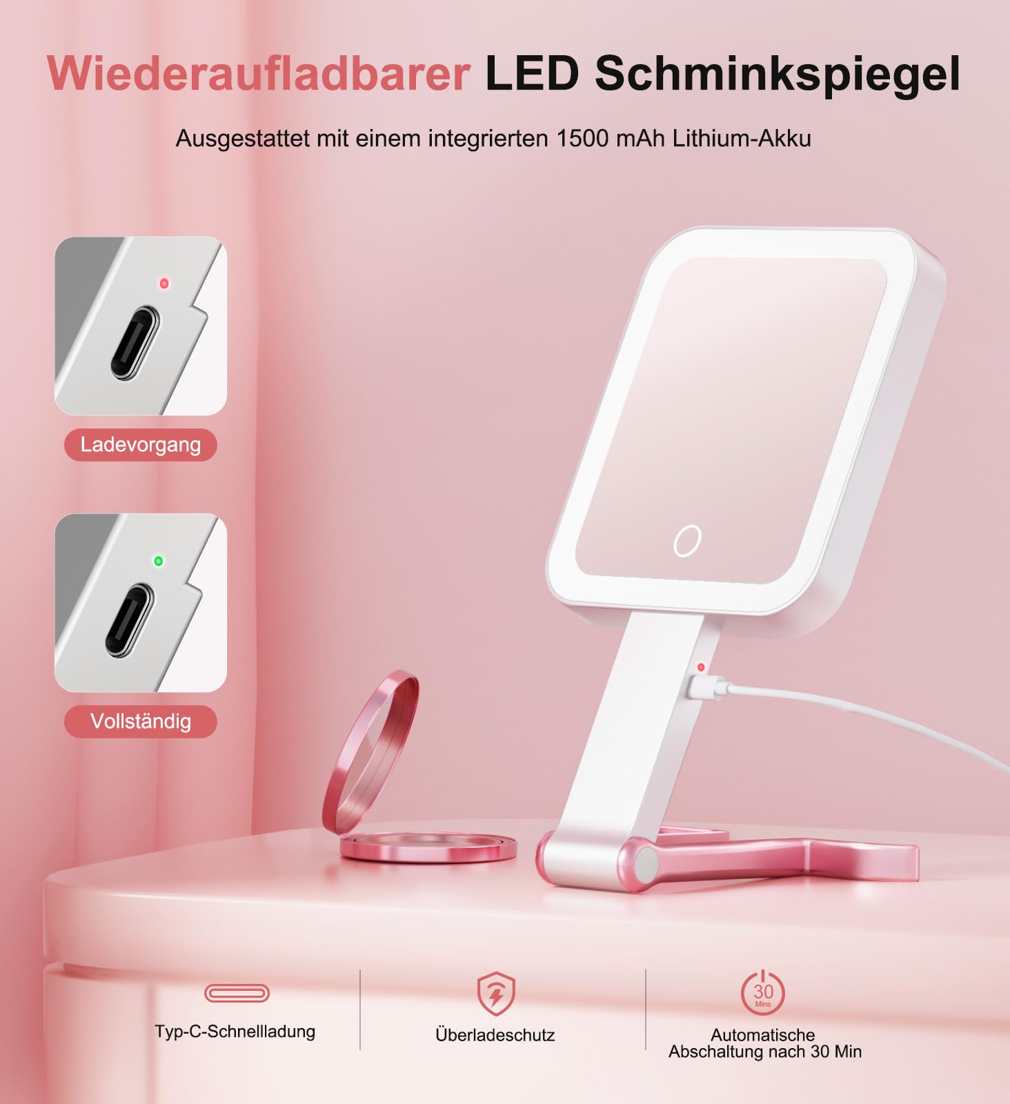 Ziweo Kosmetikspiegel mit Beleuchtung, Wiederaufladbarer Tragbarer Schminkspiegel mit Beleuchtung 3 Farblichter, Dimmbarer Touchscreen Vergrößerungsspiegel Faltbarer Rasierspiegel