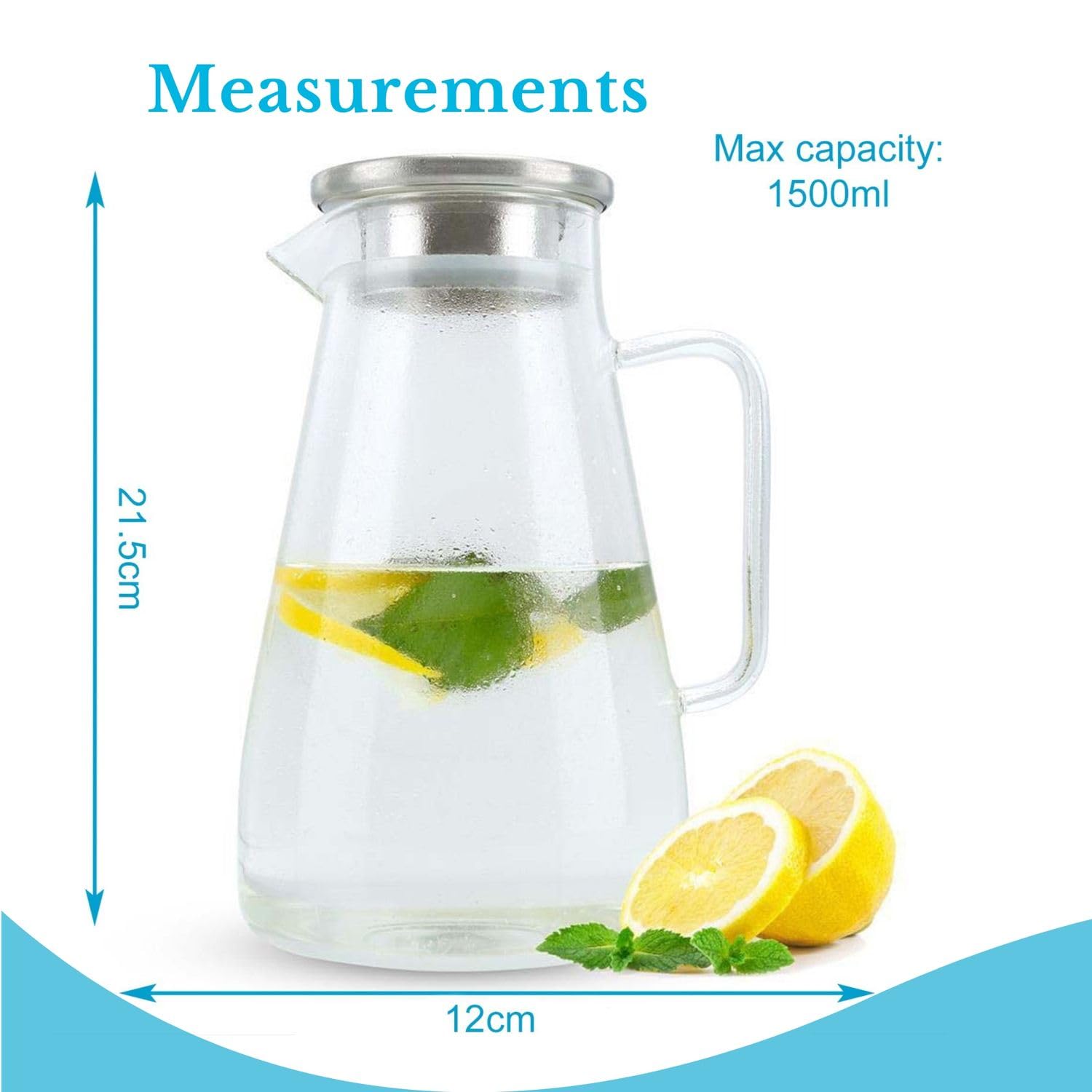 Brocca in vetro da 1,5 l con coperchio in acciaio inox, caraffa per acqua con manico, trasparente, buona brocca per bevande per succhi fatti in casa e tè freddo pensa alla tazza
