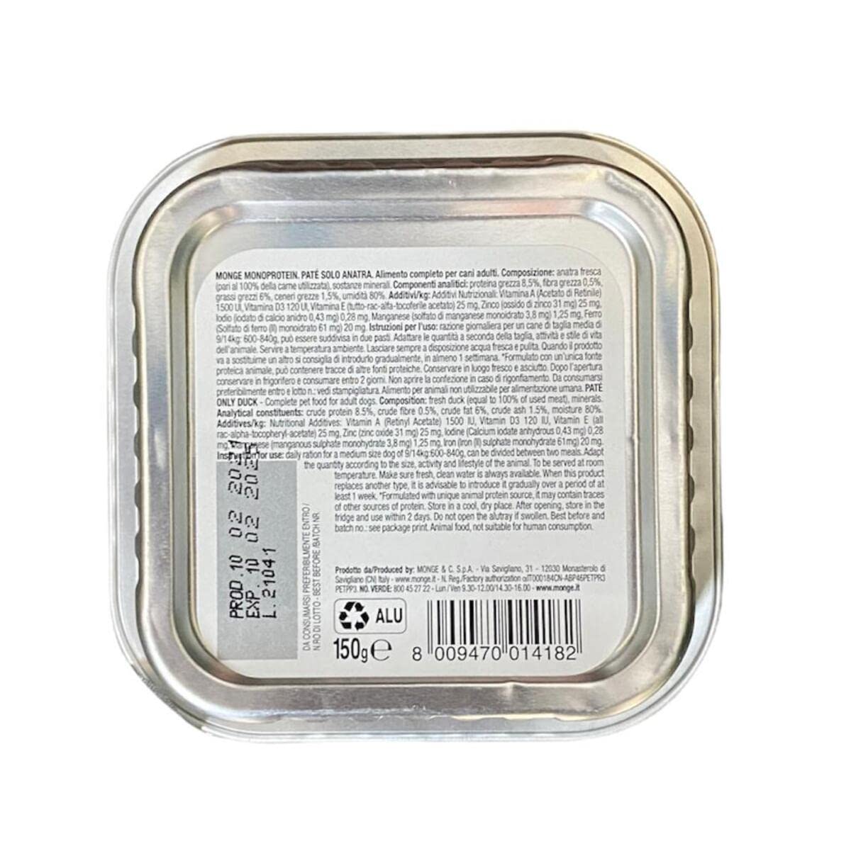Monge Monoprotein Cibo umido per Cane solo Anatra, naturalmente senza coloranti, conservanti e zuccheri aggiunti. Confezione da 24 vaschette (1 = 150gr.)
