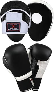 MAXSTRENGTH Boxing Gloves and Pads Set Curved Focus Punch Mitts MMA Training Sparring Hook and Jab strike target with Punching Gloves Kickboxing & MMA Muay Thai Training