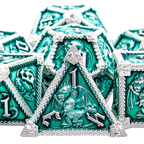 SIQUK 7 Pièces Dés Jeu de Role Métal Dés Polyédriques Métal Jeu de Dés D20 D12 D10 D% D8 D6 D4 pour RPG Donjons et Dragons, Émeraude