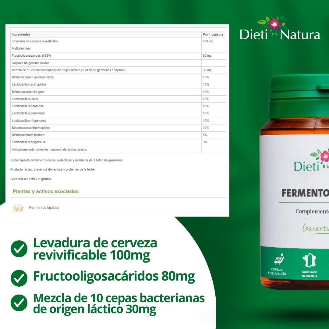 Dieti Natura Fermentos Lácticos 200 Cápsulas (Pack de 3) - Complejo Sinérgico a base de Probióticos y Prebióticos que Favorecen el Sistema Digestivo - Equilibrio de la flora intestinal