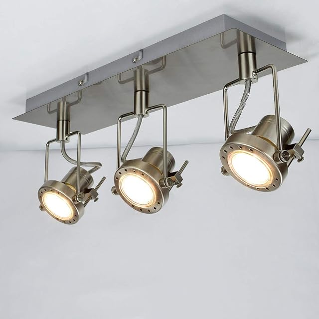 Modern 3 Way LED Ceiling Light with Square Plate, 3000K Warm White, Swiveling Spotlight, Brushed Nickel Chrome Kitchen Light for Living Room, Bedroom, Kitchen(3xGU10 Bulbs Included)