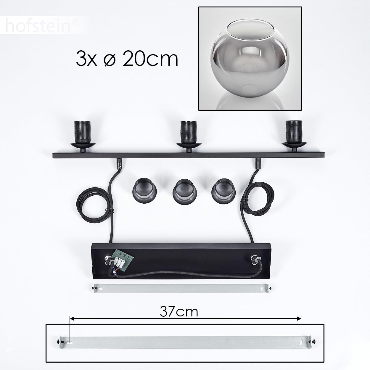 Pendelleuchte Koyoto, Hängelampe aus Metall/Glas in Schwarz/Rauchfarben/Klar, Hängeleuchte im Retro/Vintage-Design mit Glasschirmen (Ø 20 cm), 3-flammig, Höhe max. 116,5 cm, 3 x E27, ohne Leuchtmittel
