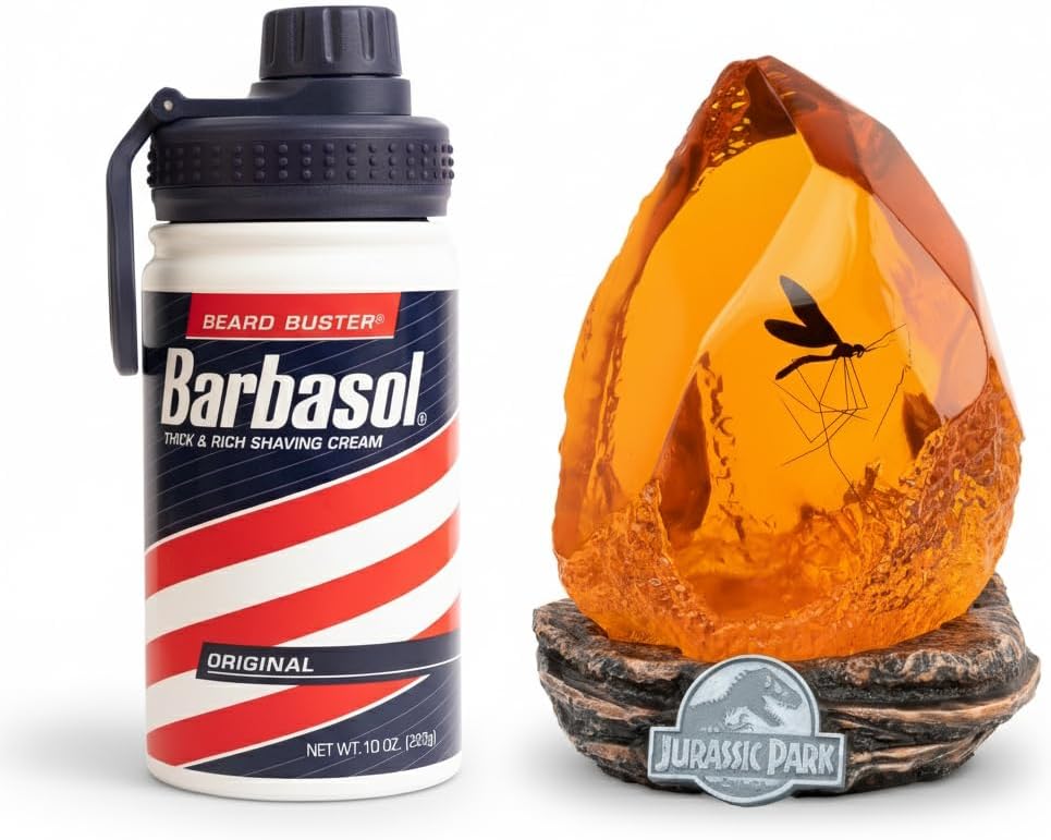 Jurassic Park Bundle – Mosquito-in-Amber Jurassic Park Lamp (USB-C/AAA) + Barbasol Jurassic Park Insulated Water Bottle 13 oz (304 Stainless Steel, Hot 12 h/Cold 24 h) – Official Merchandise