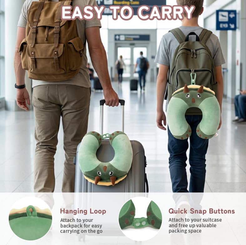 Image of Memory Foam Travel Neck Pillow for Teens and Adults, Dinosaur Design