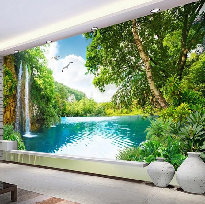 Papier peint vert montagne et cascade nature paysage 3D pour decoration murale 200x140 cm