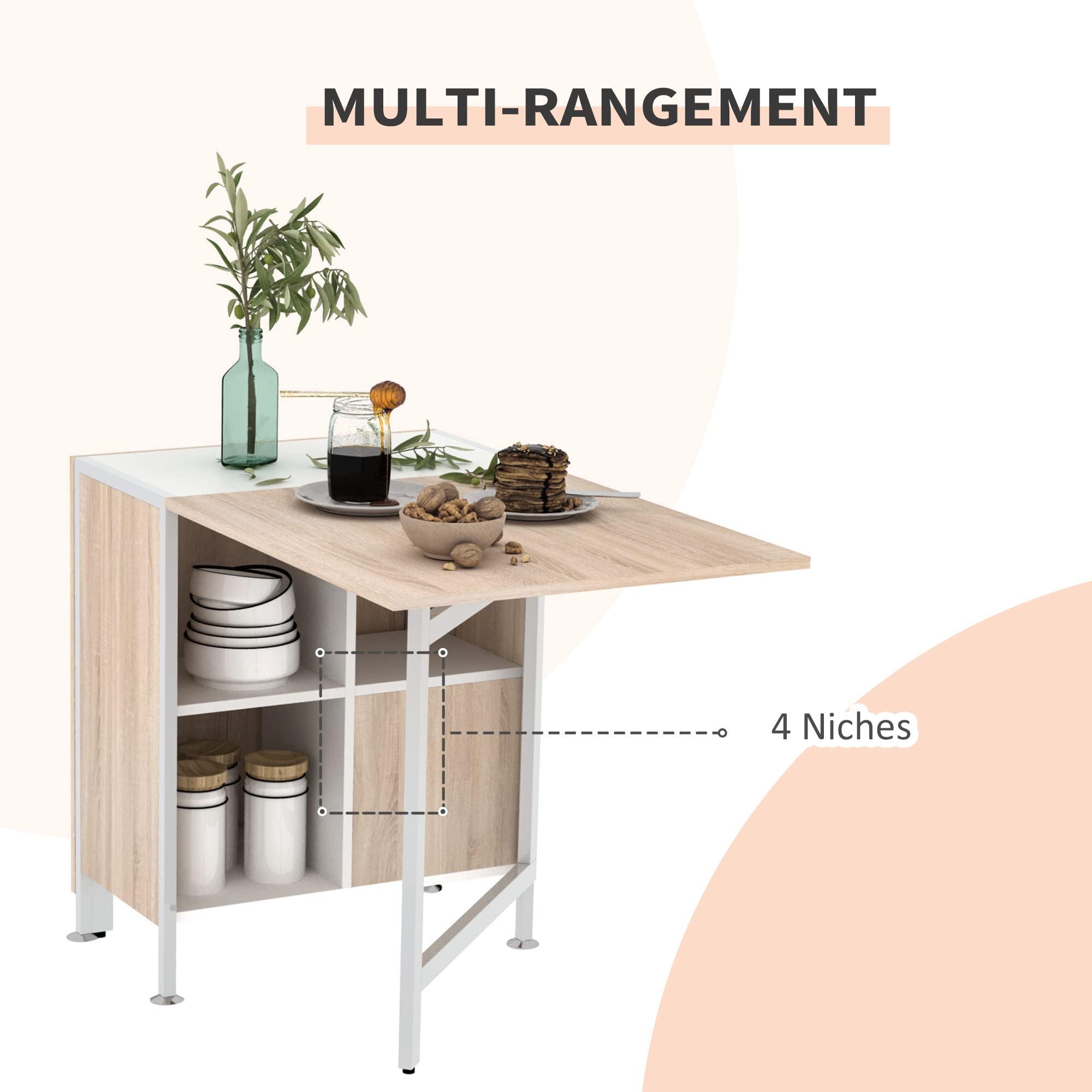 HOMCOM Table Pliable de Cuisine pour 4 per. 169x62x75cm Blanc Chêne Clair | Table à Manger, 4 Niches Intégrées, pour Petit Espace, MDF, Acier, Meubles de Cuisine