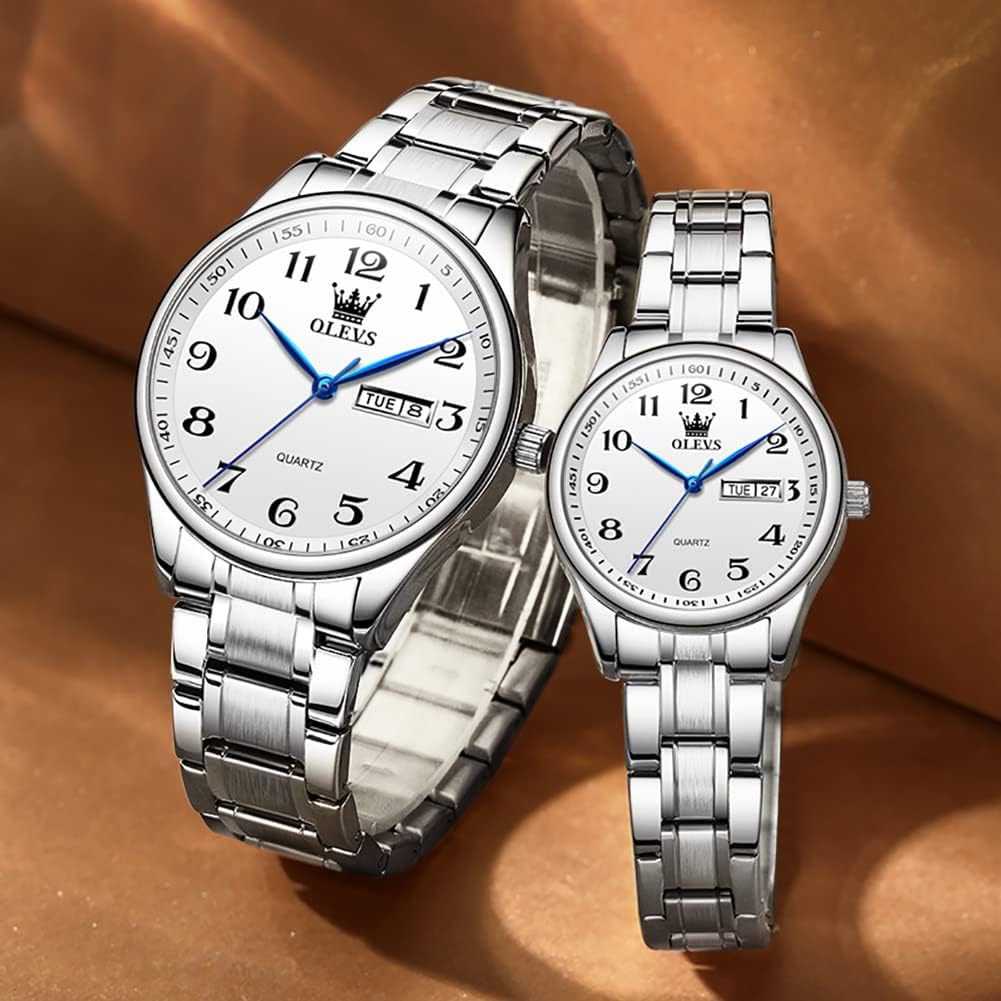 OLEVS Valentines Couple Pair Quartz Watches Luminous Calendar Date Window 3ATM Waterproof, Casual Stainless Steel His and Hers Wristwatch for Men Women Lovers Wedding Romantic Gifts Set of 2 - Image 8