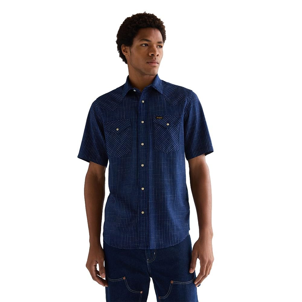 Wrangler Western Short Sleeve Shirt, Navy, Size L, Men