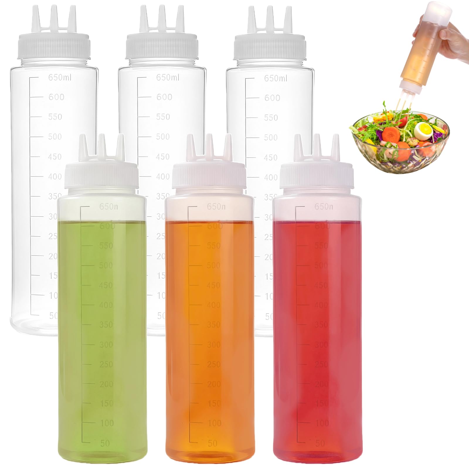 6 Stück Quetschflaschen für Soßen, 680 ml mit Skala, Tri-Cone-Düse, Kunststoff-Spritzflaschen für Sirup, Ketchup, Dressing, Honig