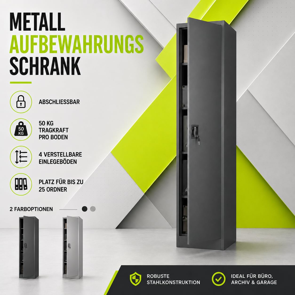 Muralo Metallschrank mit 4 verstellbaren Fachböden Abschließbar - Hellgrau | Aktenschrank 185x40x45 cm mit Sicherheitszylinderschloss, Belastbar bis 50 kg, Pulverbeschichtung, ideal für Büro, Werkstatt