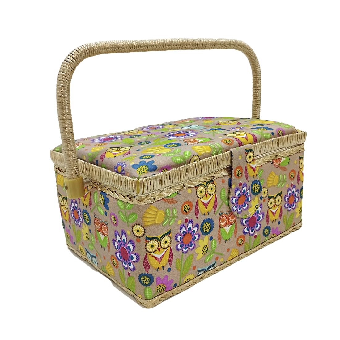 Costurero de Madera, Caja de Costura Forrada en Tela con 8 Compartimentos, Organizador con Alfiletero, Caja de Almacenamiento con Asa y Bandeja, (Buhos, Mediana)