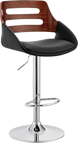 Armen Living Karter - Taburete de bar moderno giratorio de altura ajustable de piel sintética negra y madera de nogal con base cromada para encimera