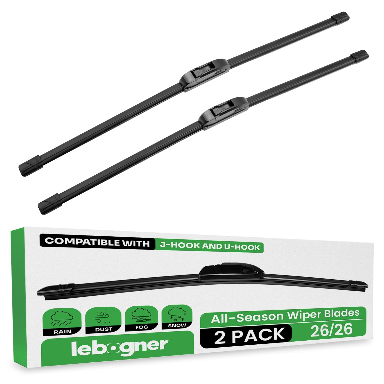 lebogner Wiper Blades 26 Inch + 26 Inch Pack of 2 All-Seasons Automotive Replacement Windshield Wiper Blades For My Car, Stable And Quiet Silicone Beam Blade Compatible With U/J Hook, Easy To Install