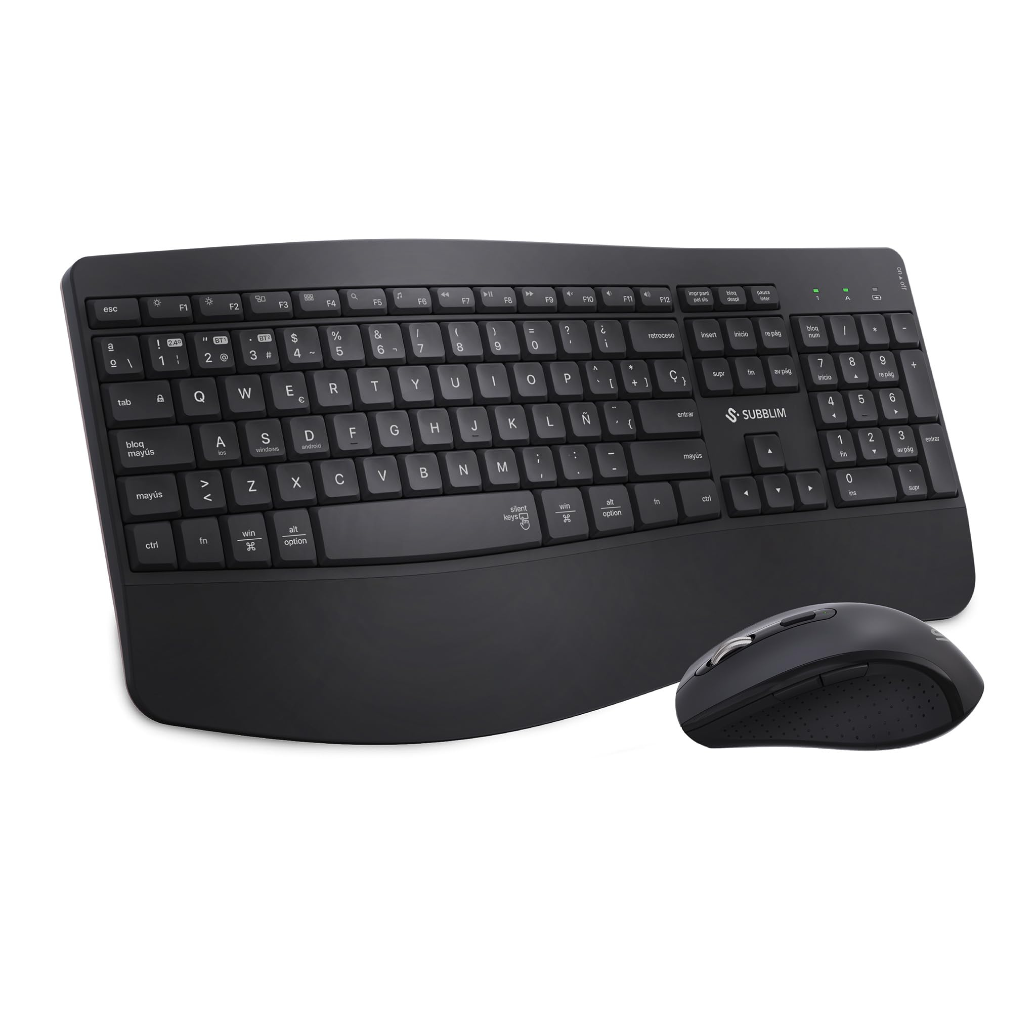 SUBBLIM Combo Dual Prowave Teclado y Ratón Ergonómicos Inalámbricos, Recargables, con Bluetooth 5.3 y Receptor USB, Reposamuñecas, Teclas Silenciosas y Multidispositivo.