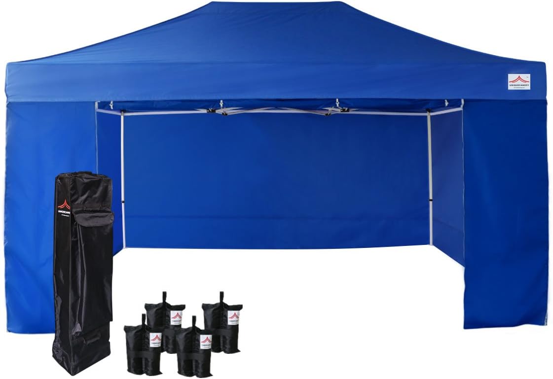10'x15' Pop Up Canopy Tent Commercial Instant Shelter, with 4 Removable Zippered Side Walls and Heavy Duty Roller Bag, 4 Sand Bags Blue