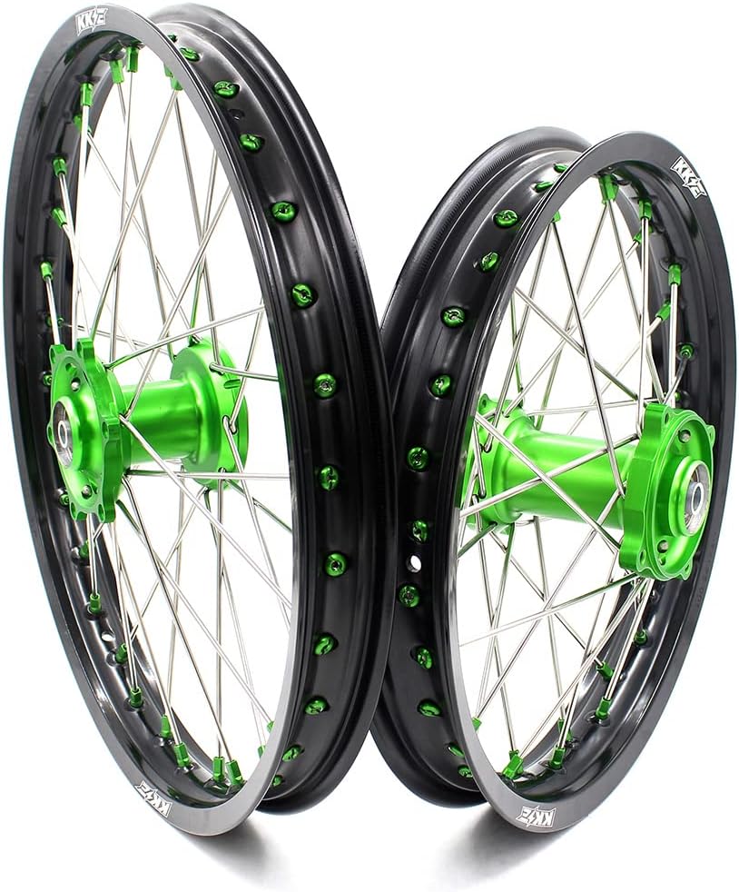 KKE 19-16 Kids Big Wheels Fit Kawasaki KX85 2001-2025 KX80 KX100/ KX112 22-25 Pitbike Rims Set Green Hubs