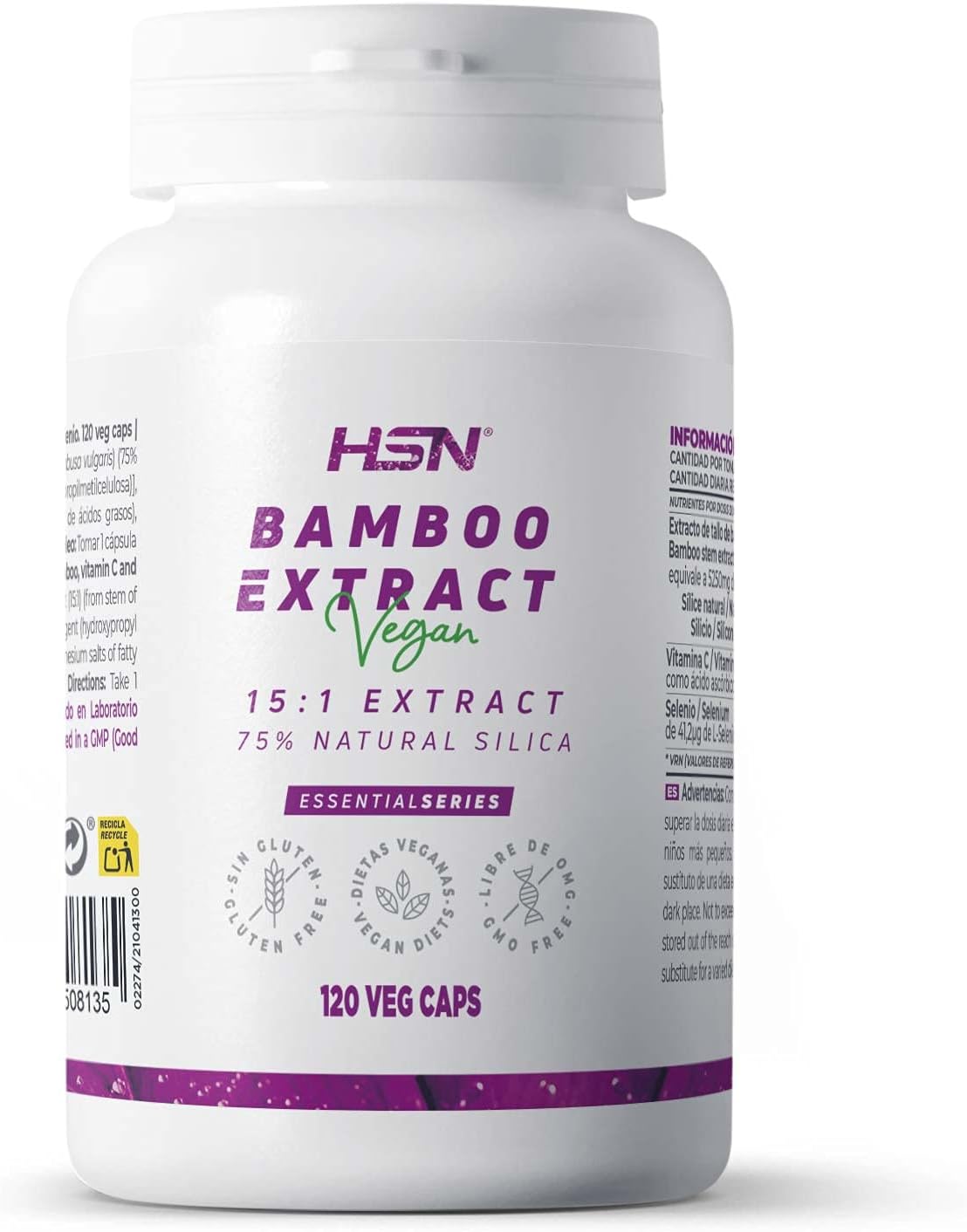 Extracto de Bambú de HSN | 350 mg | 15x Veces más Concentrado | Fuente de Sílice Natural | Con Vitamina C + Selenio | No-GMO, Vegano, Sin Gluten, Sin Lactosa | 120 Cápsulas Vegetales