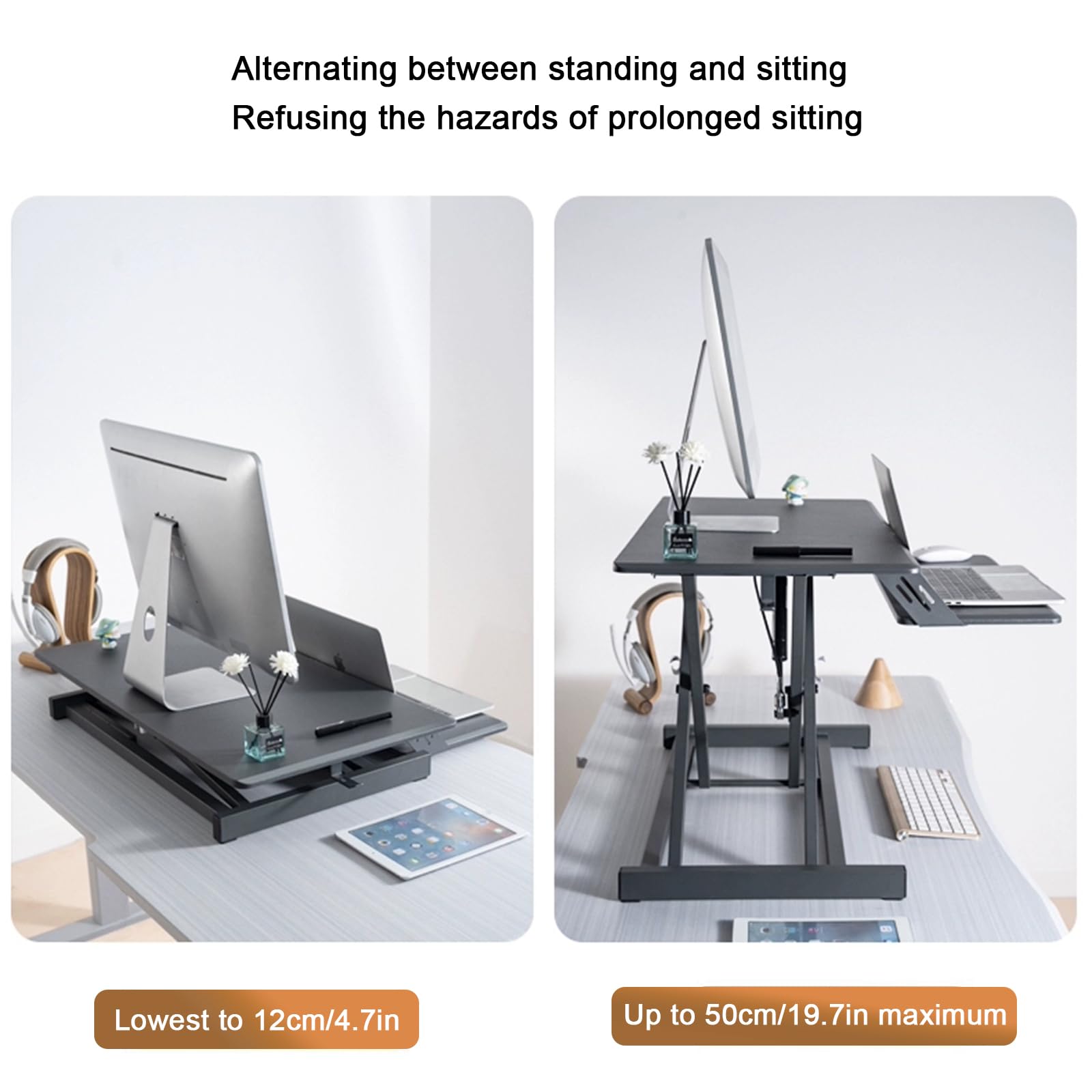 Poste de Travail Assis-Debout - 30'' Station de Travail Debout à Hauteur Facilement Réglable avec Plateau de Clavier, Bureau Assis-Debout et Tableau de Notes jusqu'à 36kg(55cm/21.6in,Grey)