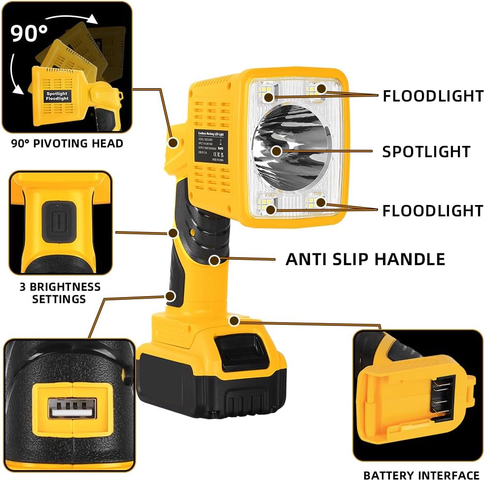 16W Cordless LED Work Light for DeWalt 20V Battery, 1600LM Portable Handheld Flashlights Tool with USB Port and 90 Degree Pivoting Head for Camping, Fishing, Car Repairing, Job Site, Emergency