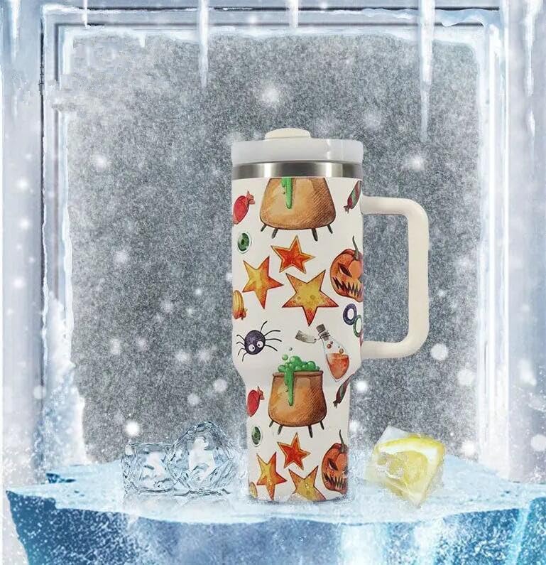 Miniatura 7 de Vaso aislado al vacío de acero inoxidable de 40 onzas con tapa y popote para agua, té helado o café (Halloween-blanco)