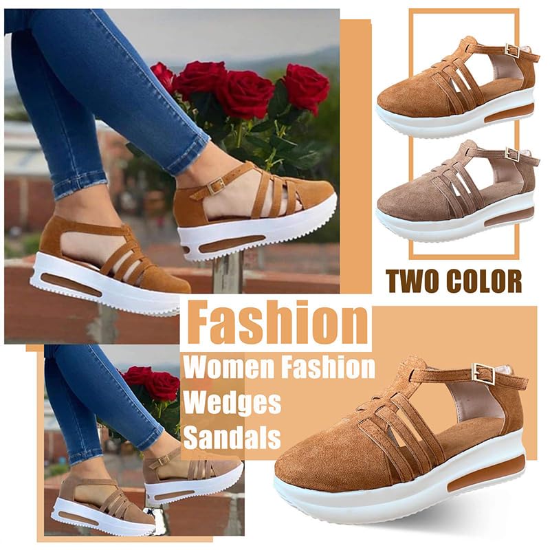 Women's comfortable sandals, women's casual summer shoeswedge heel flat lace-up walking shoesslip-on ankle strap thick sole3