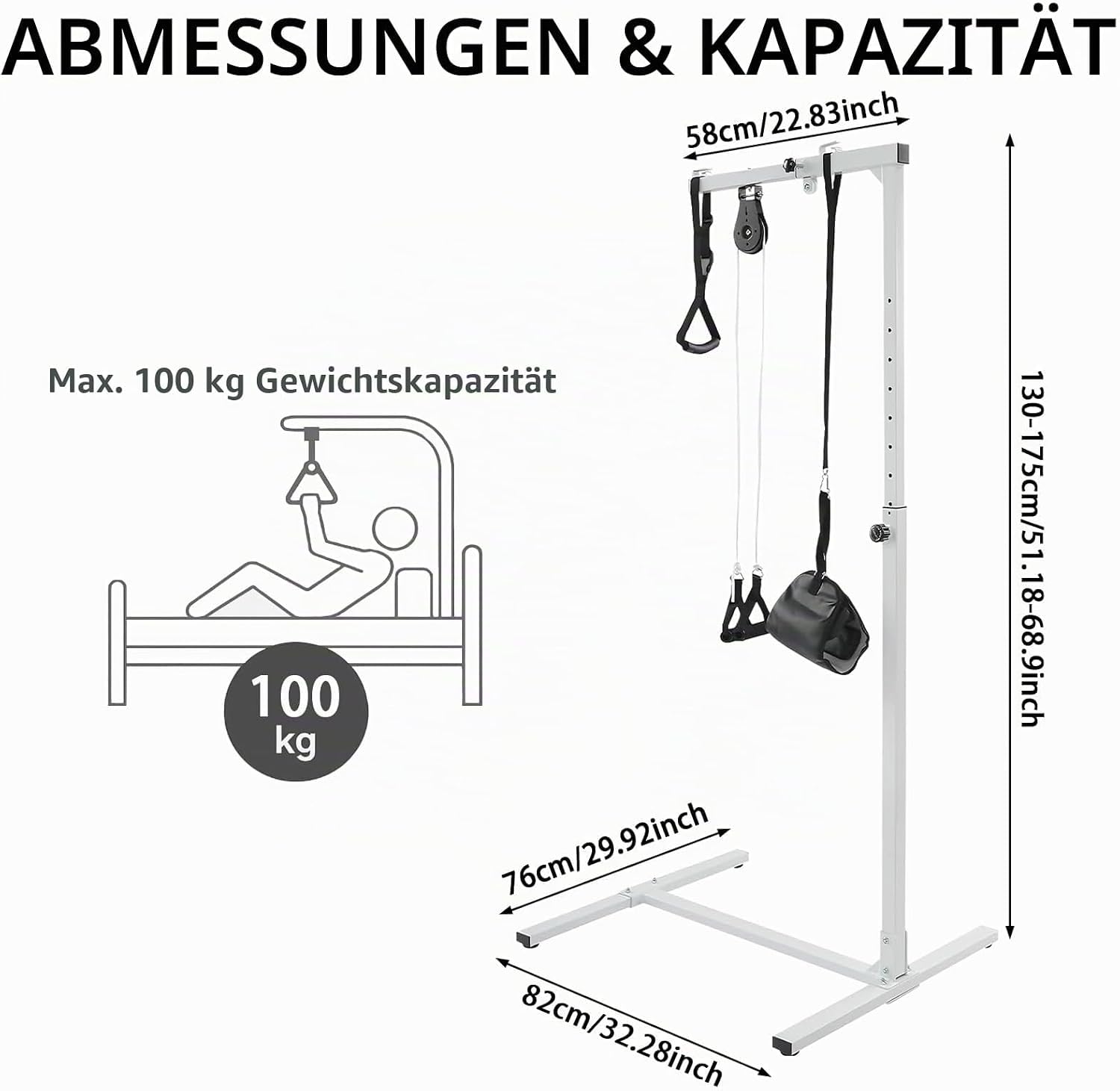 Supporto per letto autoportante, 130-175 cm, supporto per anziani, con manico trapezoidale e cuscino per il collo, sollevatore per pazienti fino a 100 kg, telaio mobile per letto sanitario
