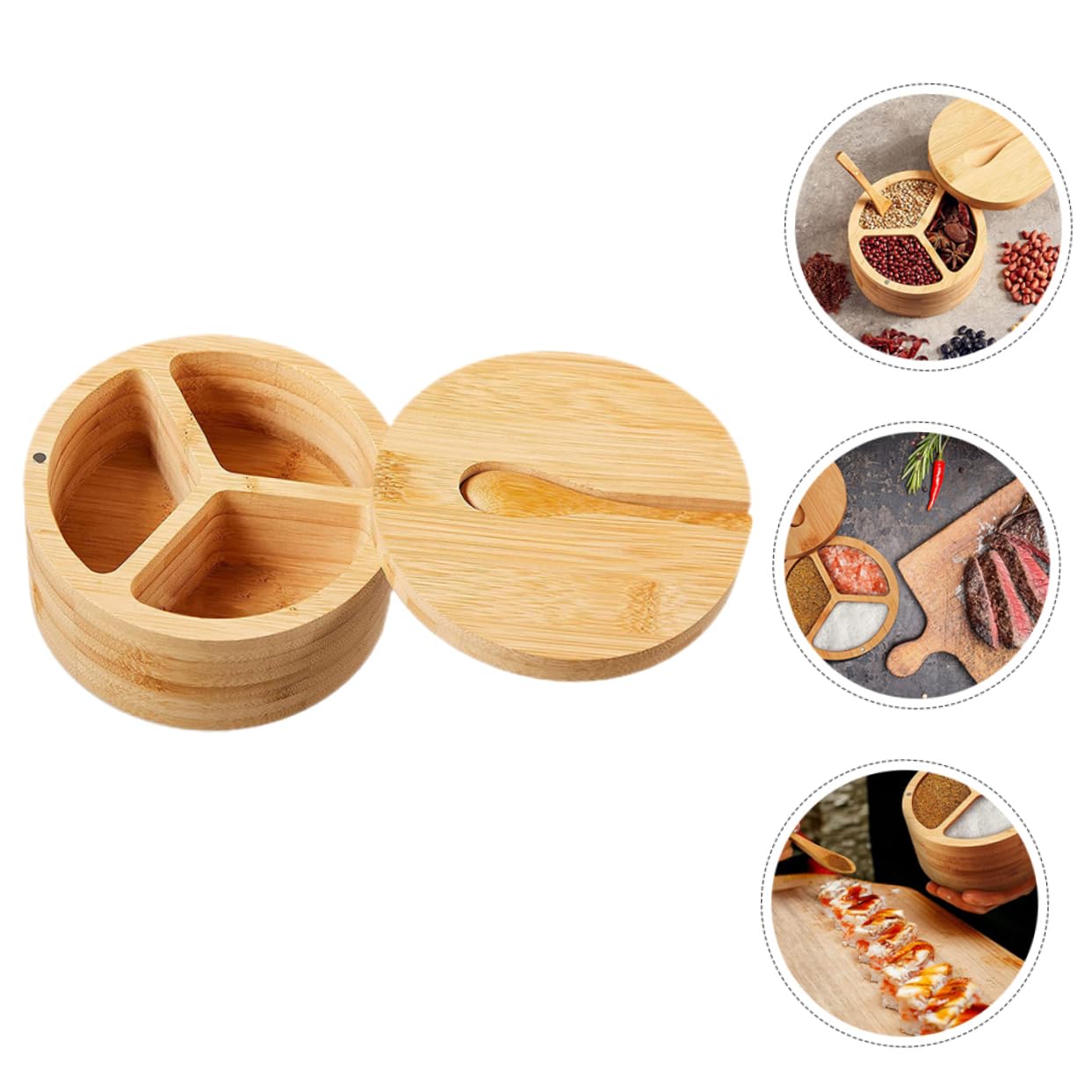 VINTORKY Kitchen Salt Bowl Lid Salt Box Separated Seasoning Container Bamboo Spice Box
