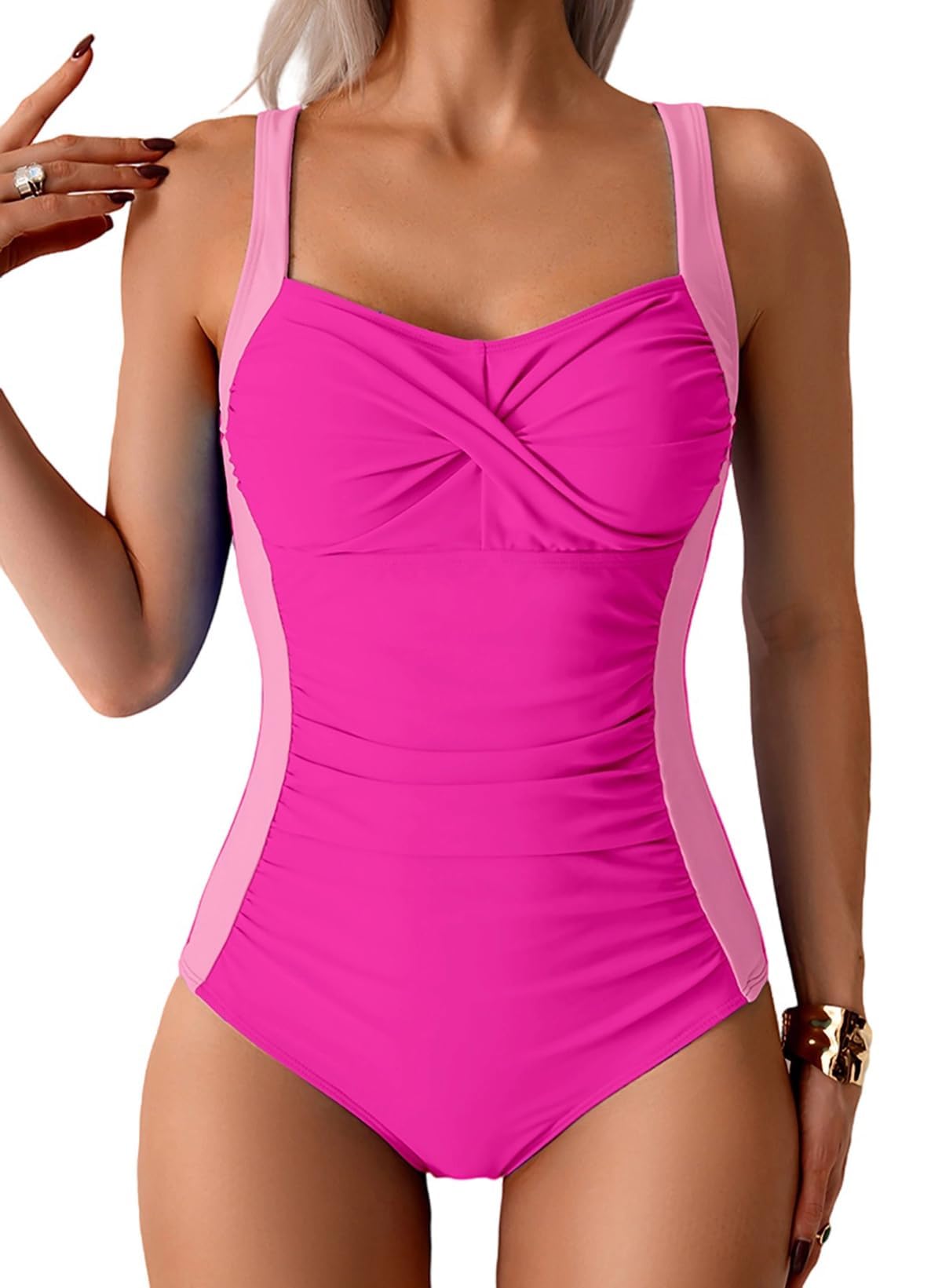 Sangdut Badeanzug Damen Einteilige, Bauchweg Badeanzüge mit Cups Push Up Sexy Bademode V-Ausschnitt Colour-Blocking Shape Schwimmanzug Swimsuit