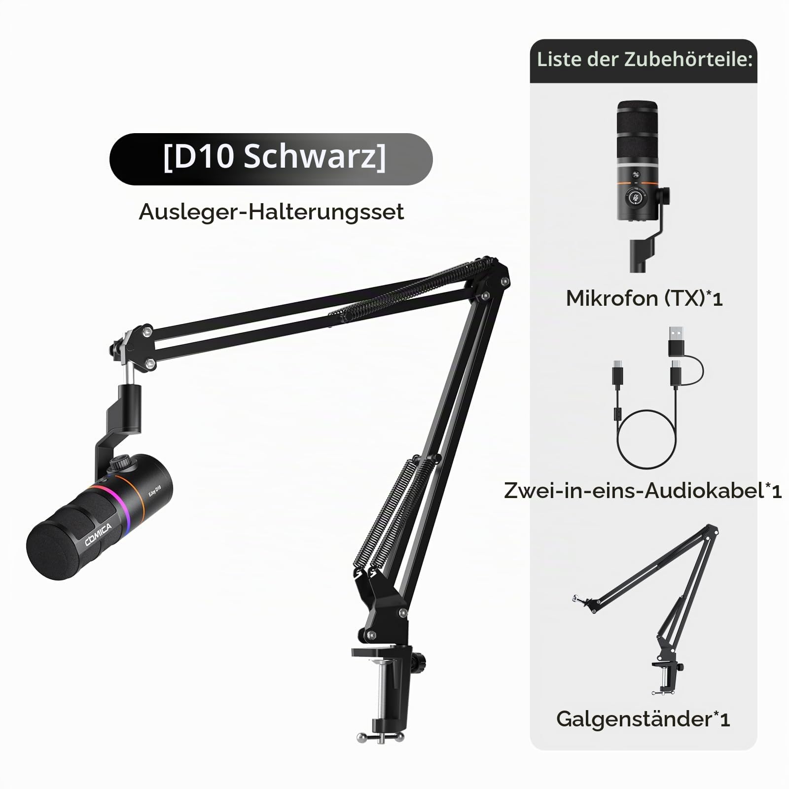 COMICA EJoy D10(A) Dynamisches Gaming Mikrofon mit Arm (Schwarz) | XLR/USB-C Dual Output, Calmix Noise Cancellation, RGB Beleuchtung & Mikrofonarm für Podcast Streaming Studio, für MAC PS4 PS5