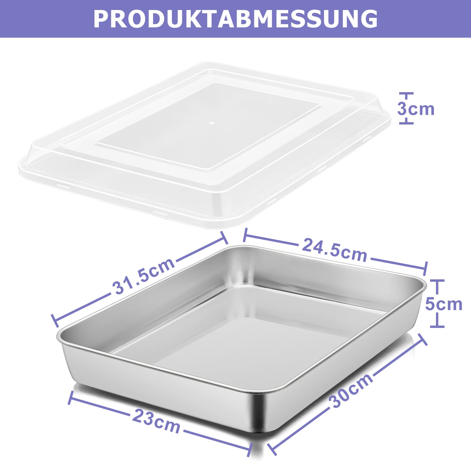 Herogo Molde para tartas, bandeja para hornear profunda con tapa, 31 x 24 x 5 cm, de acero inoxidable, rectangular, bandeja para horno, bandeja para tartas, sartén para hornear y cocinar, ideal para