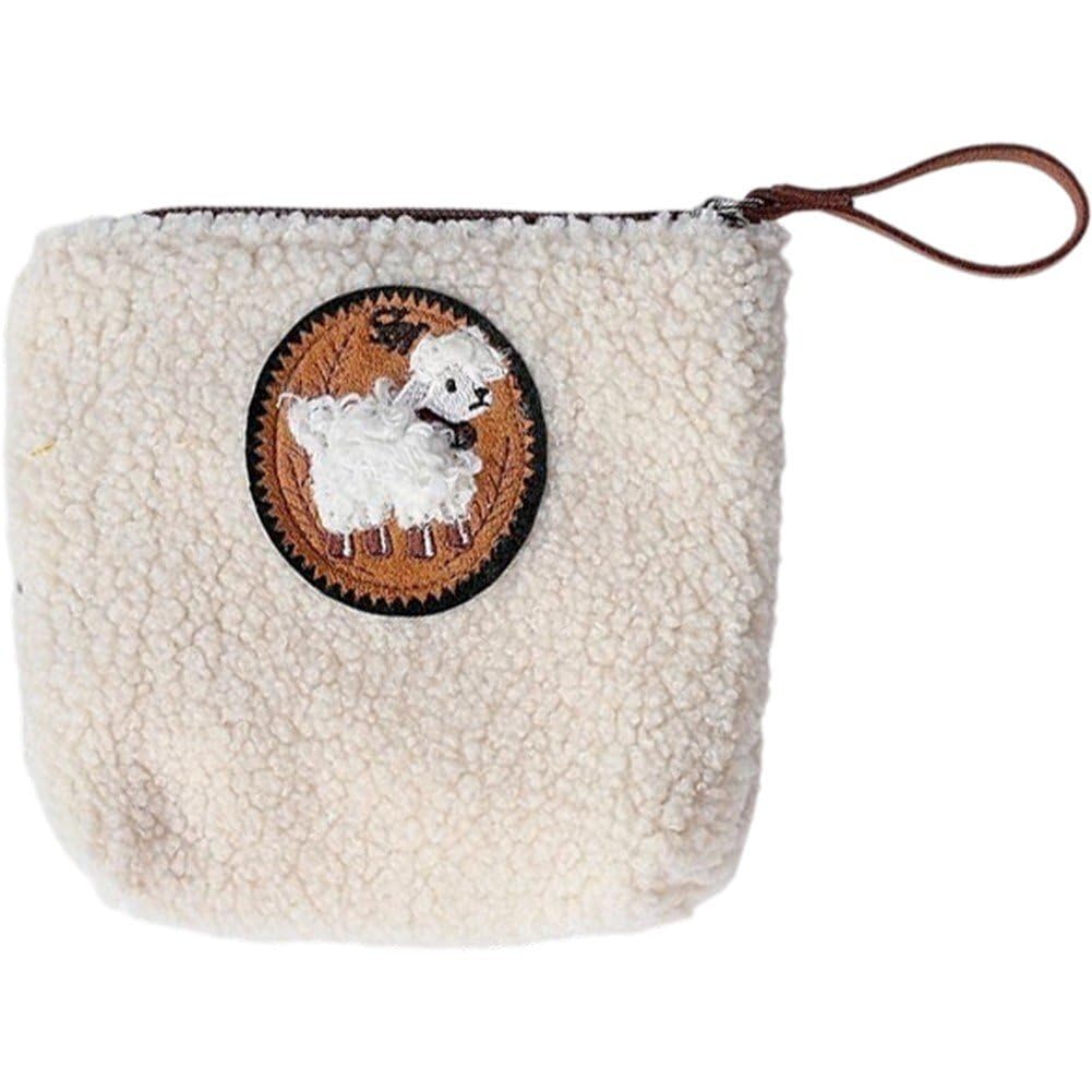 Baokuan Fluffy Sheep Coin Purse, Plush Lamb Small Wallet, Cute Animal Zipper Pouch for Keys Coins, Keychain Purse