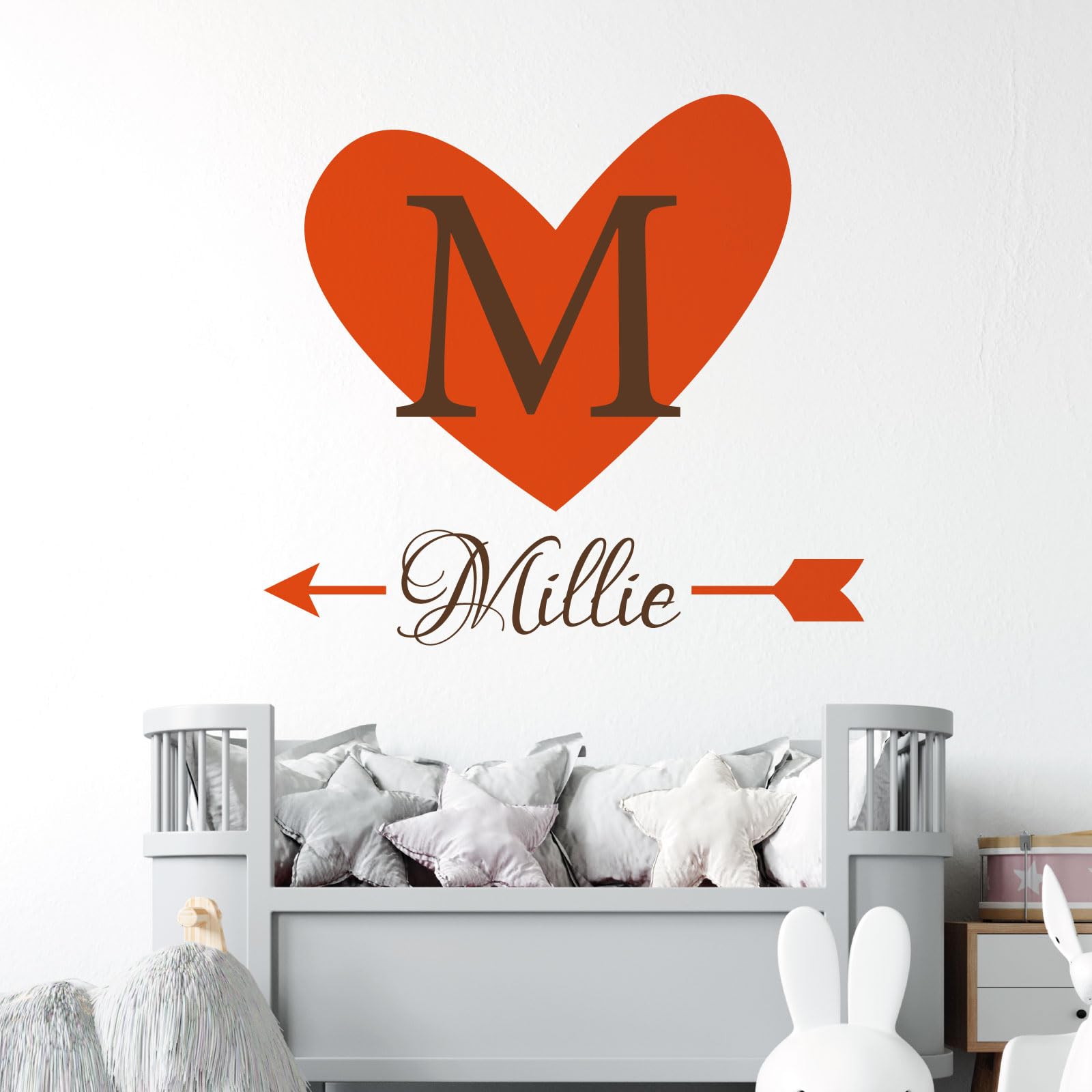 Heart & Arrow - Personalised Name, Initial Letter, Children Nursery Bedroom Decal Wall Sticker [Large] [Orange]